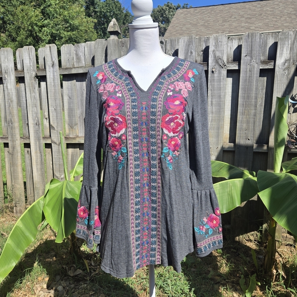 Small Oversized Floral Embroidered Tunic W/ Western Boho Free Spirit Flowy - Picture 2 of 9